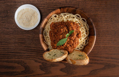 High angle view of meal served on table