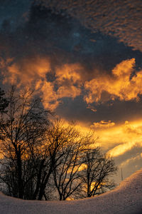 Bare trees on snow covered land against sky at sunset