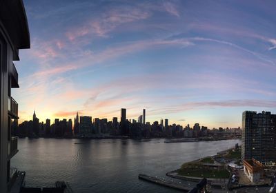 City skyline at sunset