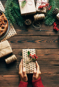 High angle view of christmas decorations on table