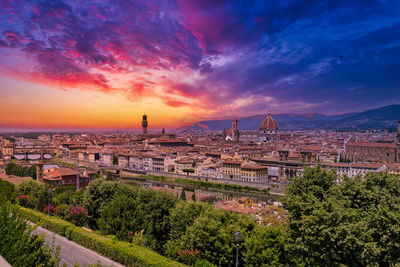 High angle view of buildings in city at sunset