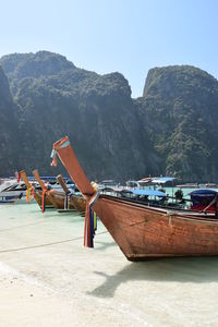 Boat moored on beach against clear sky