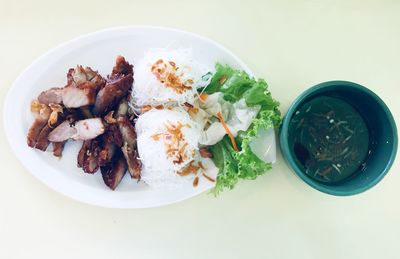 High angle view of meal served on table