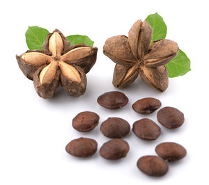 Close-up of coffee beans against white background