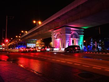 View of city lit up at night