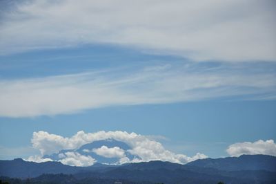 Scenic view of mountains against blue sky