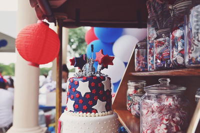 Close-up of cake for sale at market stall