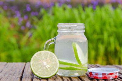 Close-up of drink in jar on table