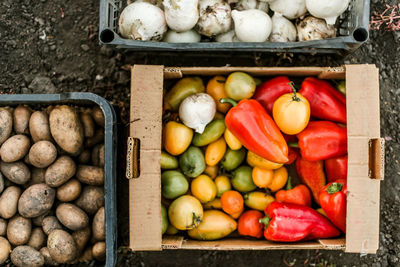 High angle view of vegetables for sale at market stall