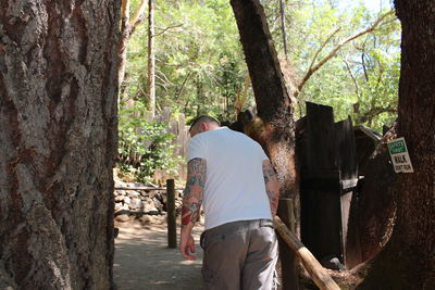 Rear view of man standing by tree trunk in forest