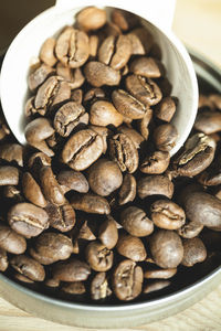 High angle view of coffee beans in container