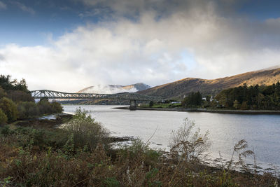 Scenic view of river by mountains against sky