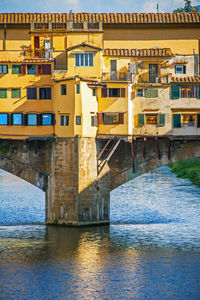 Bridge over river against buildings