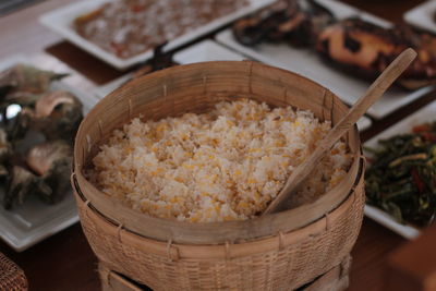 High angle view of spices in basket