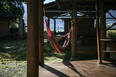 Hammocks hanging in gazebo on sunny day