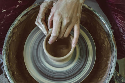 High angle view of person preparing food in bowl