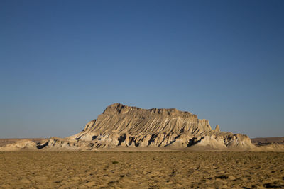 Scenic view of rocky mountains against clear blue sky