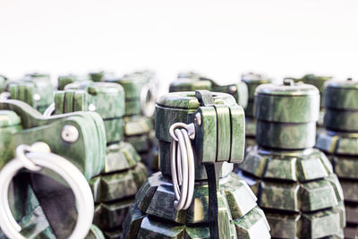 Close-up of metallic stack against white background