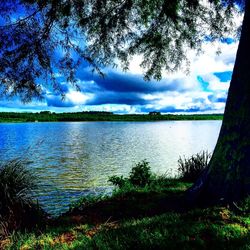 Scenic view of lake against cloudy sky