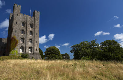 Low angle view of castle on field against sky