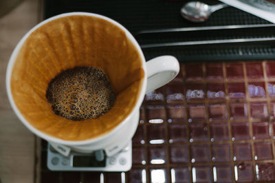 Directly above shot of coffee filter on table