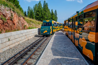 Train on railroad track against sky