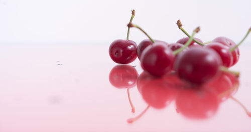 Close-up of red berries over water against white background