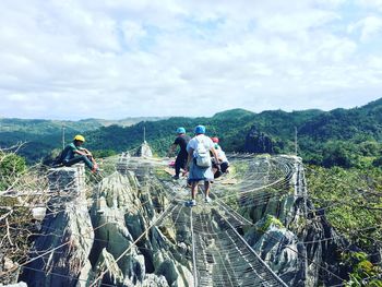 Rear view of people walking in rainforest against sky