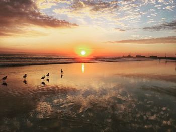 Scenic view of sea against dramatic sky during sunset