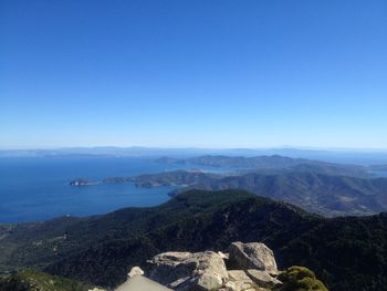 Scenic view of mountains against clear blue sky