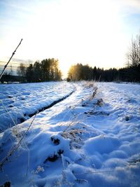 Snow covered field against sky