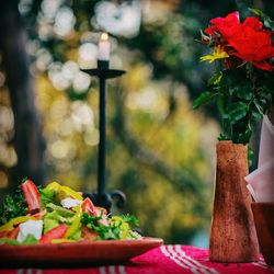 Close-up of red chili peppers on table