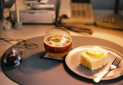 Close-up of drink served on table