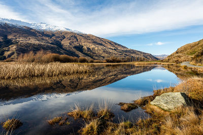 Scenic view of lake and mountains against sky