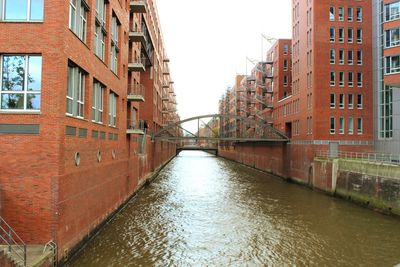 Canal in city against sky