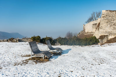 Abandoned building against clear sky during winter