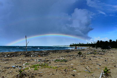 Scenic view of rainbow over sea against sky