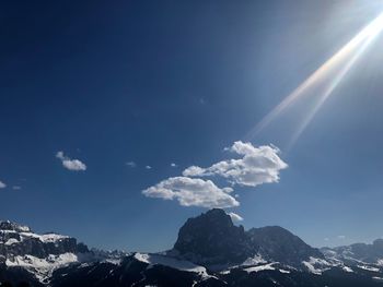 Low angle view of snowcapped mountains against sky