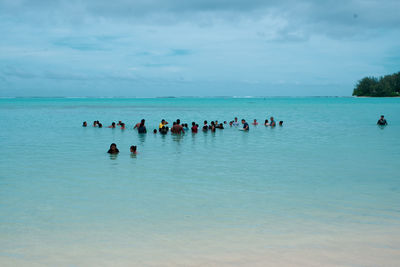 Group of people swimming in sea