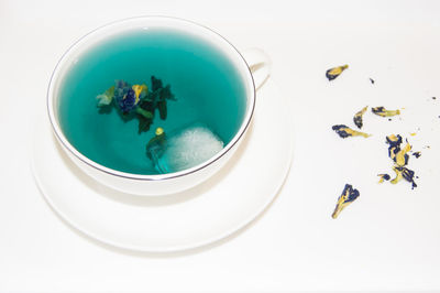 High angle view of food on table against white background