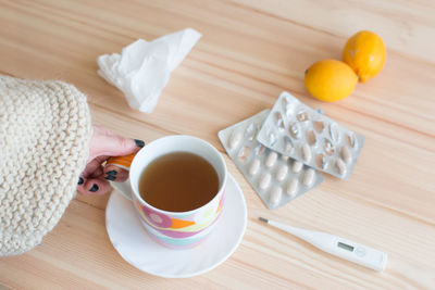 High angle view of breakfast on table