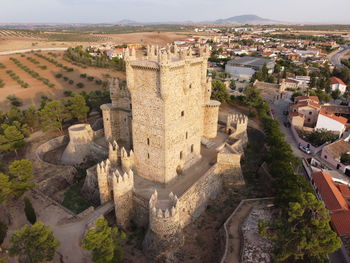 High angle view of old buildings in city