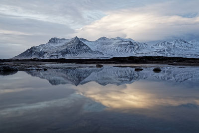 Scenic view of snowcapped mountains against sky during sunset