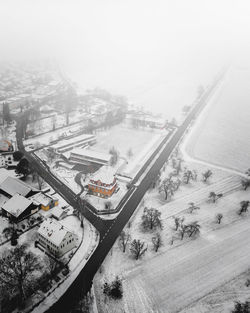 High angle view of snow covered road