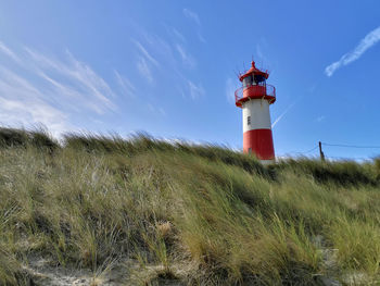 Lighthouse on field by building against sky