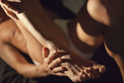 High angle view of woman holding hands