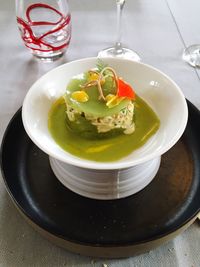 High angle view of food in plate on table