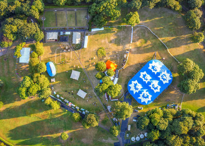 Uk, scotland, north berwick, aerial view of belhaven big top tent and surrounding festival arena