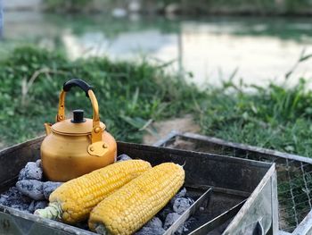 Close-up of corn with kettle on barbecue at lakeshore