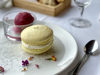 High angle view of cake in plate on table